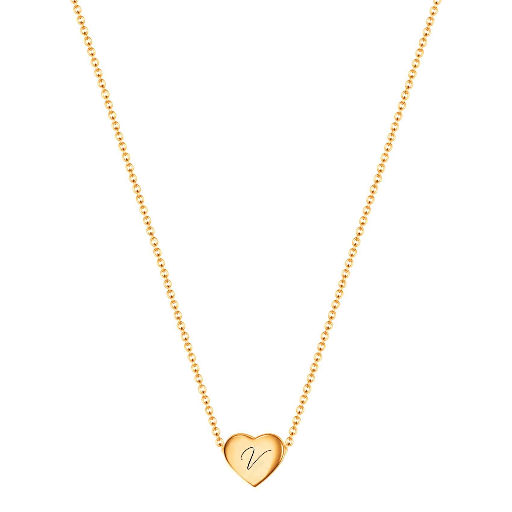 VQYSKO Necklace Ladies Heart Letter Chain-Stainless Steel Name Chains, Exquisitely Small(For Women/Girls/Mom) Birthday Gift, Valentine's Day present (Golden-V)