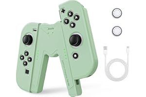 JINGDU Switch Joy-Con Charging Grip Compatible with Nintendo Switch Standard & OLED Model, JoyCon Controller Charger with Cable and 2 Thumb Grip Caps, Play While Charging, Green