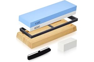 Whetstone Knife Sharpener Kit, Double Side Sharpening Stones 1000 6000 Grit, Knife Sharpening Stone with Non-Slip Bamboo Base