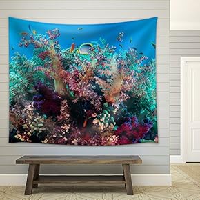 Colorful Underwater Offshore Rocky Reef with Coral and sponges and Small Tropical Fish Swimming by in a Blue Ocean - Fabric Wall Tapestry Home Decor - 51x60 inches