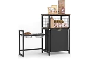 Sungaryard Elevated Dog Bowls Dog Toy Basket Pet Feeding Station, Adjustable Dog Raised Bowl Stand with Pet Storage Organizer for Large Medium Small Dogs and Cats, Black (Include 2 Food Bowls)