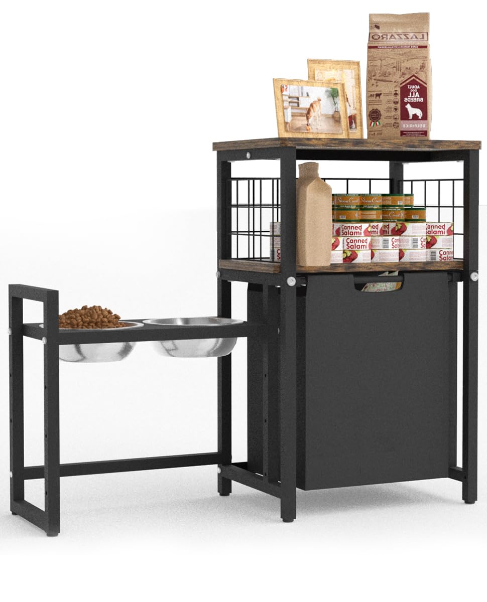 Photo 1 of Sungaryard 30.6Long x 26.2 High Elevated Dog Bowl Stand with Pet Food Storage Organizer, Adjustable Raised Feeding Station with Toy Basket for Large Medium Small Dogs and Cats, Black
