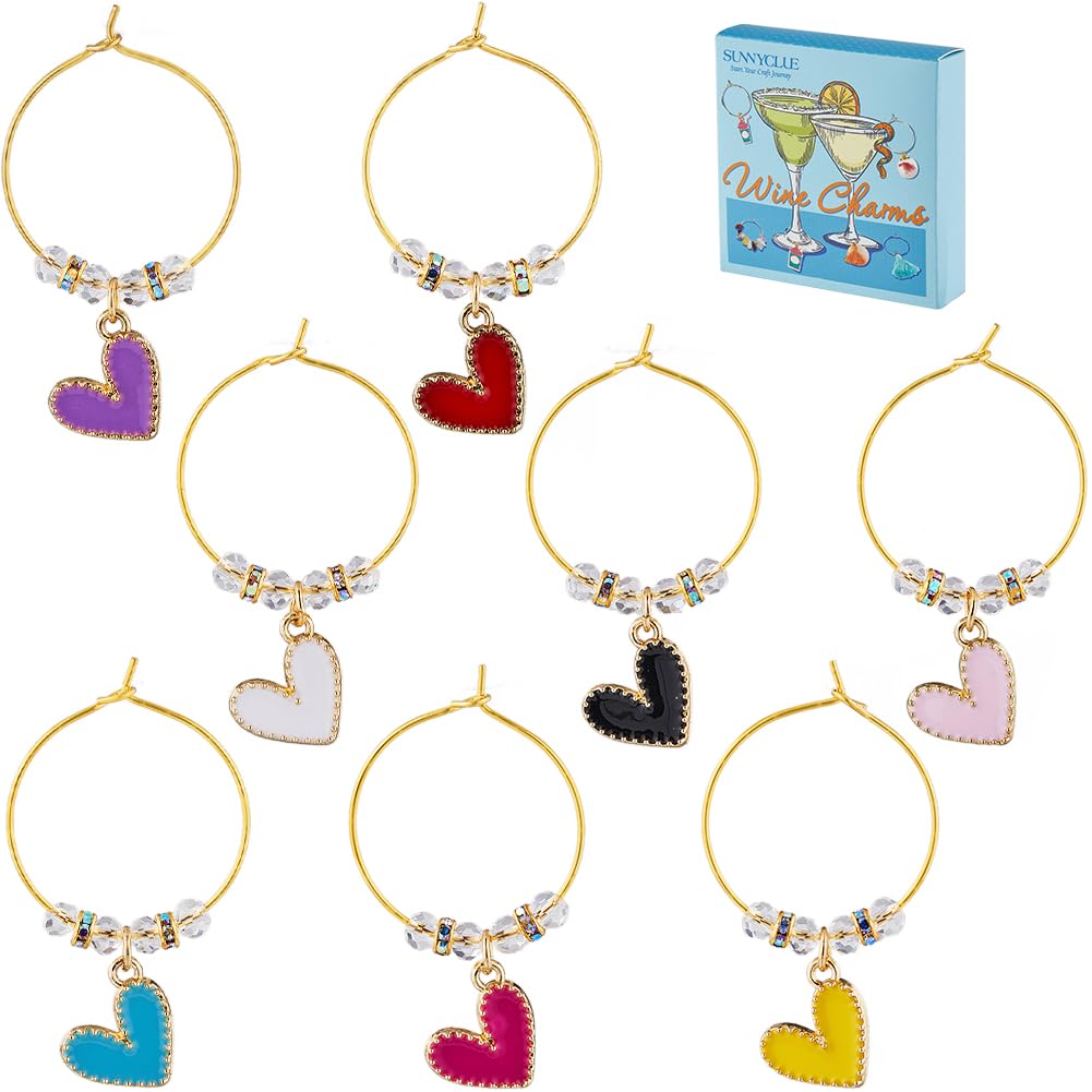 SUNNYCLUE 1 Box 8Pcs Valentines Day Wine Glass Charms Wine Glass Tags Glass Markers Bulk Heart Love Drink Tags Glass Identifiers for Gathering Wedding Holiday Party Favor Drinks Decor Supplies