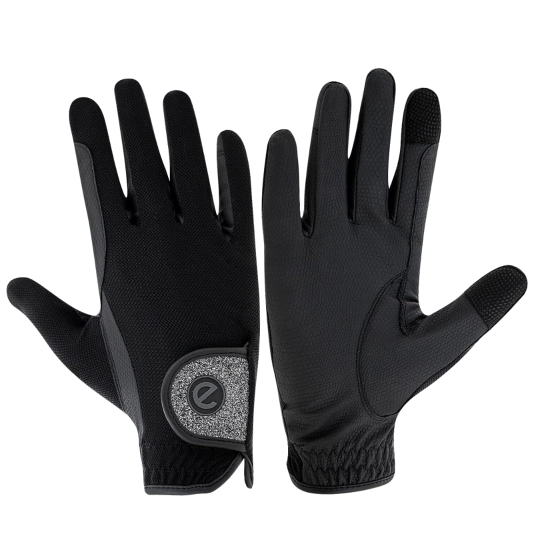 eGlove - eQUEST GripPro X-LITE Horse Riding Gloves - Lightweight, Breathable, Grippy Non-Slip Material - Comfort Mesh Back - Touchscreen Gloves (BLACK - SILVER GLITTER CUFF, XL)