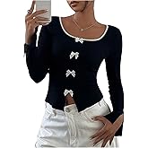 Verdusa Women's Y2k Bow Tops Color Block Boat Collar Open Slit Long Flare Sleeve T Shirts