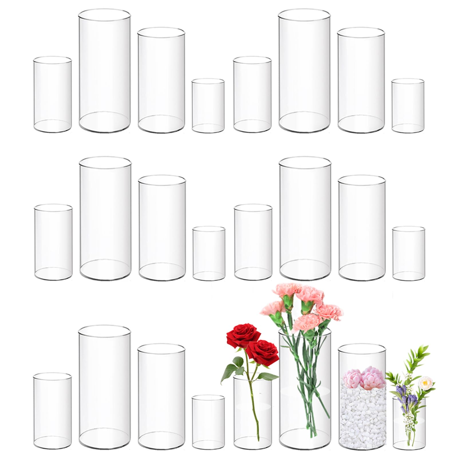 Photo 1 of 24 Pack Plastic Cylinder Vases, 4 6 8 10 Inch Tall Acrylic Cylinder Clear Flower Vase Set Bulk Glass Like Large Round Plastic Vases for Centerpiece Wedding Home Office