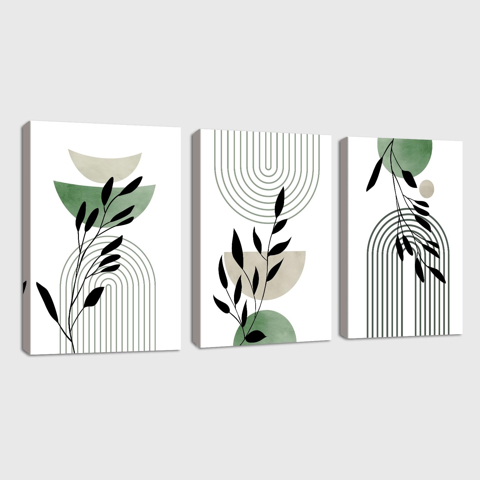 3 Pcs Framed Sage Green Lines Canvas Wall Art, Boho Aesthetic Green Plant Leaves Wall Art Modern Home Decor Poster Canvas Painting Wall Decor for Bedroom Living Room Office Ready to Hang 30x40cmx3