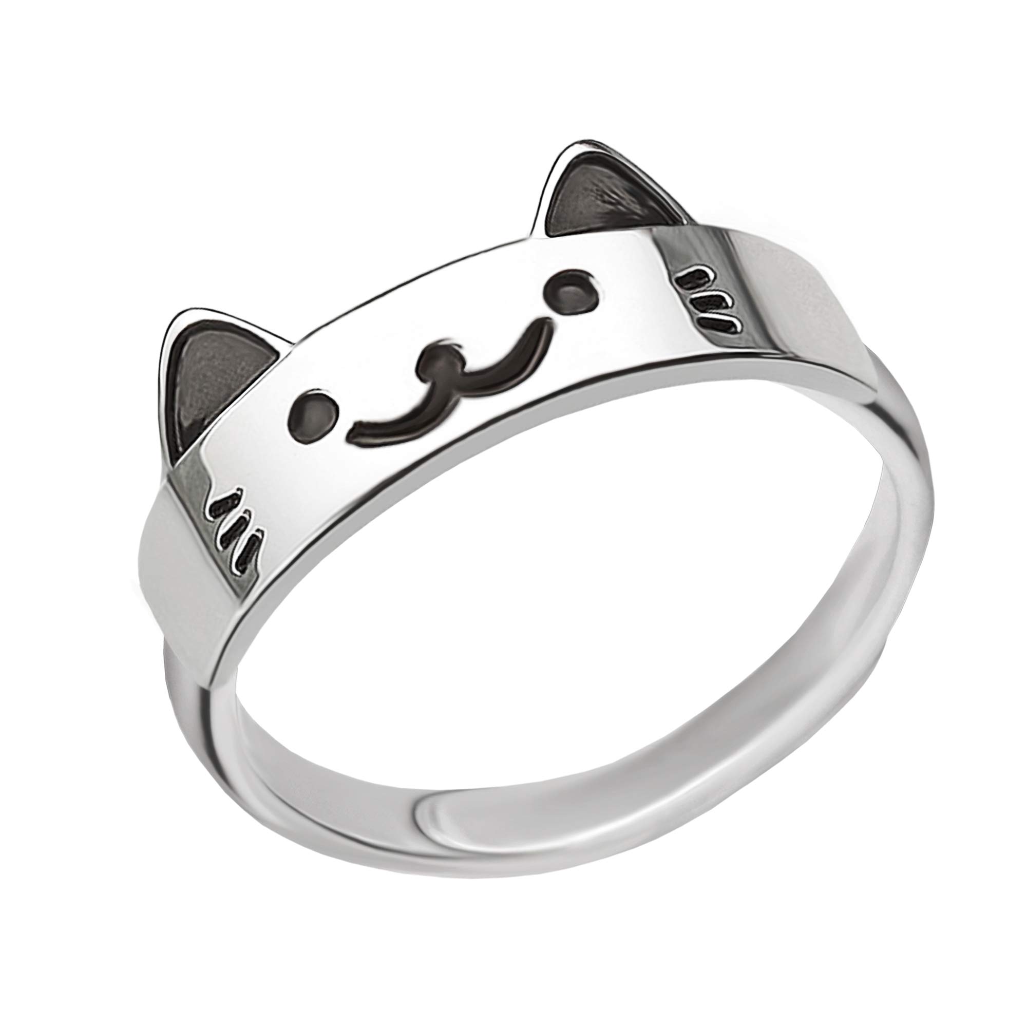 CLEVER SCHMUCK Silver Girl’s Ring Cat Funny with Face Partially-Painted Black Shiny 925 Sterling Silver Universal Adjustable Size for Children