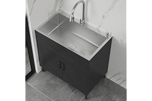 HMOROVEX Black Laundry Sink Cabinet,21.6-32.2In Freestanding Stainless Steel Utility Sinks Outdoor Deep Laundry Tub Single Si