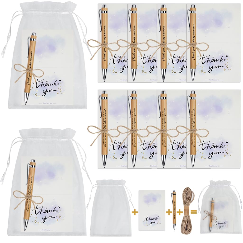 10 Sets Thank You Gift Inspirational Bamboo Ballpoint Pens and Thank You Cards with Organza Bags Personalised Motivational Pens Employee Appreciation Gifts for Colleagues Teacher Nurses Volunteer