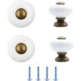 AUXBC 1&rdquo; Ceramic Round Knobs, Antique Brass and Ceramic Cabinet Knobs, White Furniture Knobs, Mini Drawer Handle Pulls for Drawer Closet Dresser Cupboard Wardrobe Door Kitchen, 4pcs