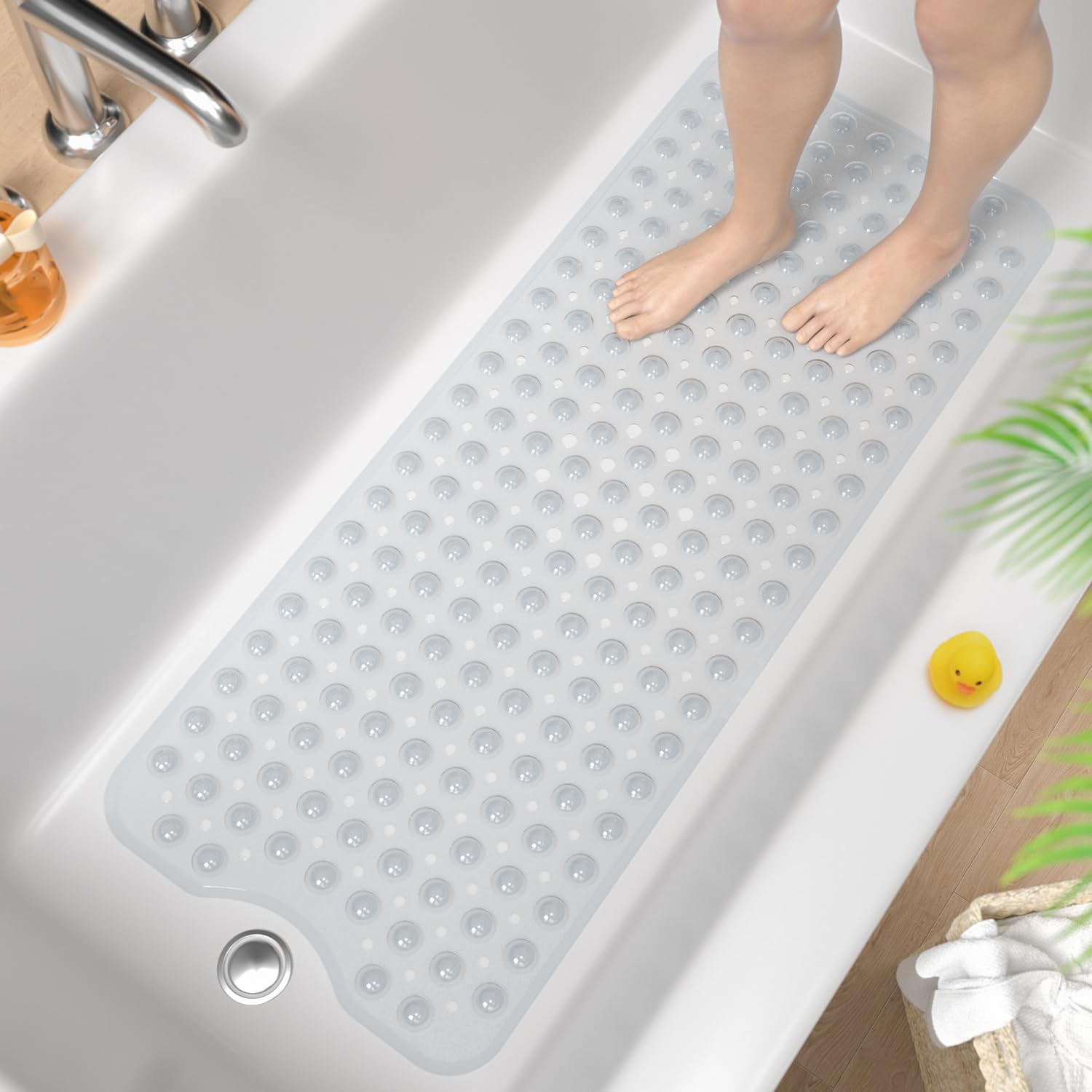 HITSLAM Non Slip Bath Mat for Tub, 101 x 40cm Extra Long Shower Mat Anti Mould, Machine Washable Bathroom Bathtub Mat with Suction Cups and Drain Holes, Soft on Feet, Clear — image 1