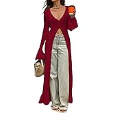 Quzzion Women's Hollow Maxi Crochet Cardigans Flared Sleeve Long Casual Knit Vacation Open Front Lightweight Cover Up