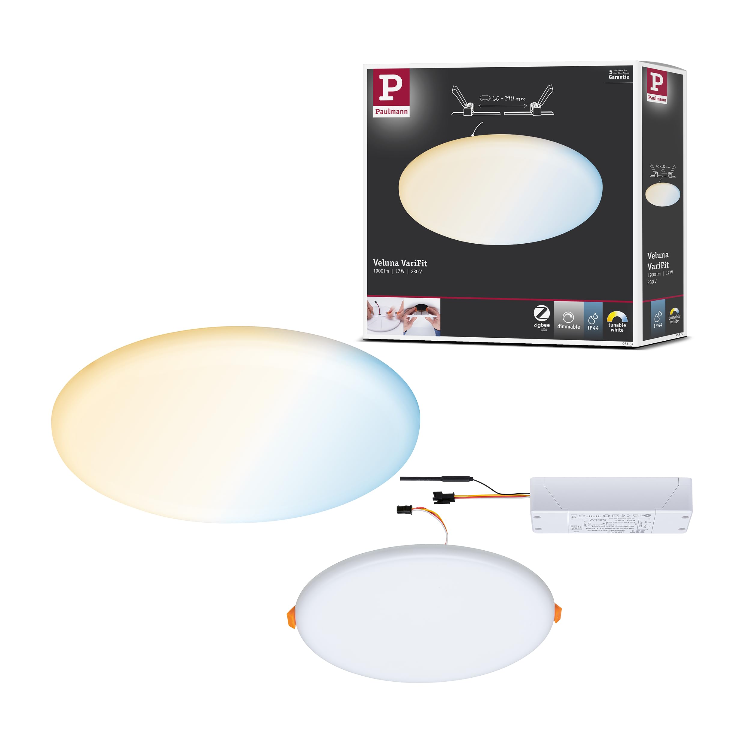 Paulmann Areo VariFit 95387 LED Recessed Panel Light IP44 Warm White Zigbee Tunable White 215 mm Round Including 1 x 17 Watt Dimmable Satin Plastic 3000 K