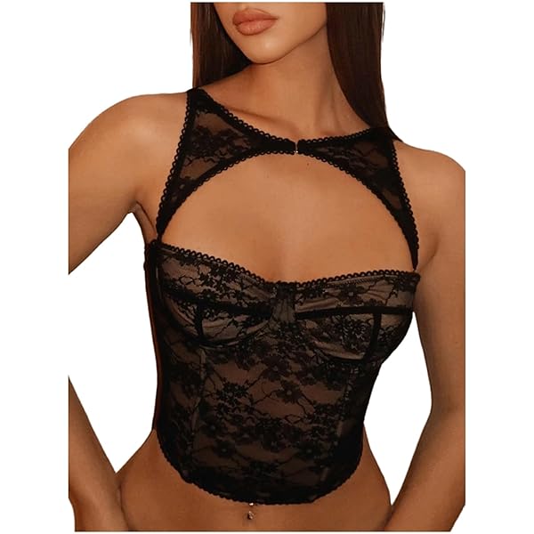○○○bustier SOLY HUX Women's Lace Bustier Corset Tie Front Mesh Party Going