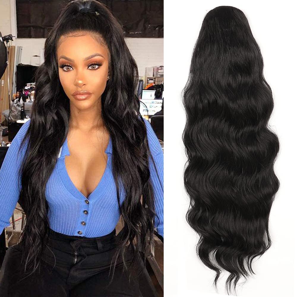 YEESHEDO Long Wavy Ponytail Hair Extension for Black Women Drawstring Ponytail Hair Extensions Clip in Black Curly Synthetic Hairpiece