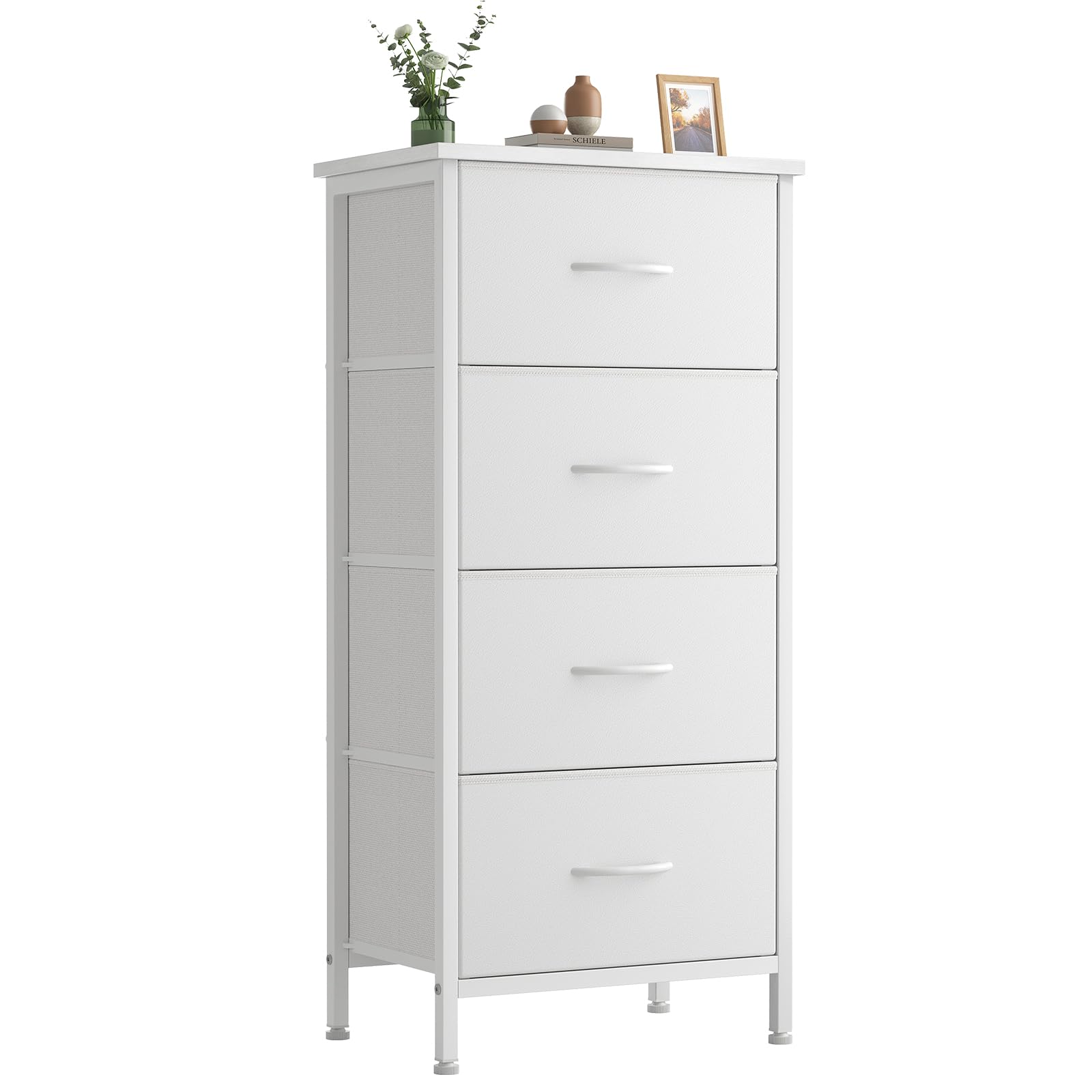 Sweetcrispy 4 Fabric Drawer Small Dresser, Bedside Nightstand with Wooden Top Sturdy Frame, Entryway Closet Bedroom Storage Cabinet Furniture for Dorm,White Image