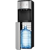 Tehanld Bottom Loading Water Cooler Dispenser, Metallic Silver | For 3 or 5 Gallon Bottles, Hot, Room &amp; Cold Spouts, LED Display with Empty Bottle Alert, Child Safety Lock