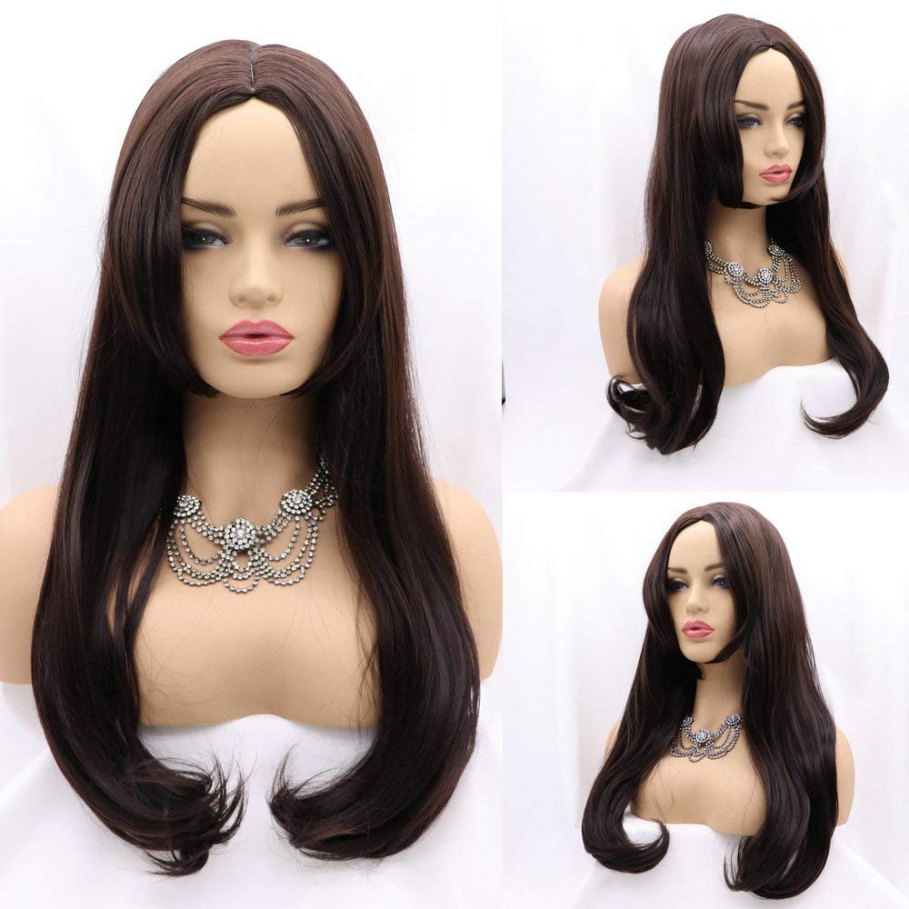 Brown Synthetic Wigs for women Long Natural Wavy Wig with Bangs Heat Resistant Replacement Wig Full Machine Made 18 inches