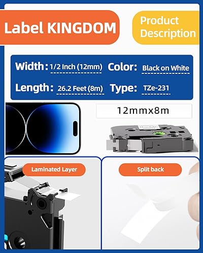 Replace Brother Tze 231 Tape 12mm 0.47 Laminated Black On White 4 Pack Tz-231 Compatible With P