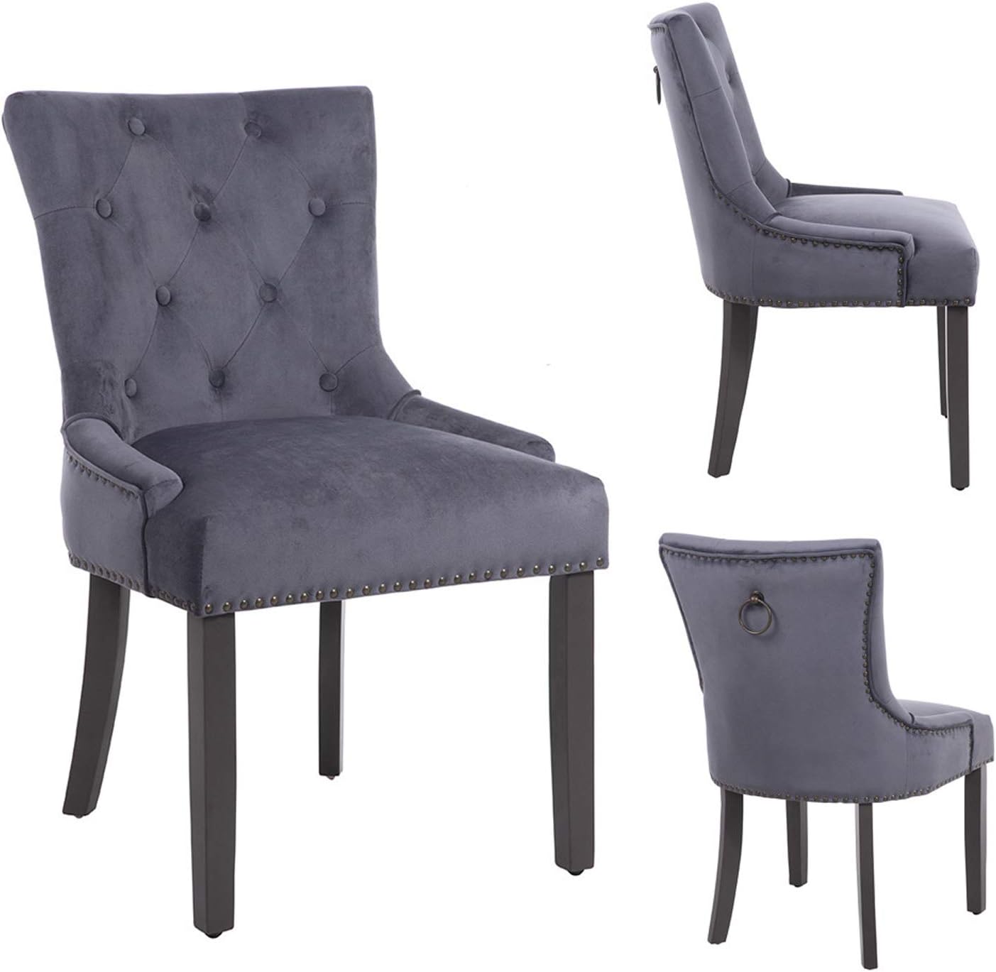 PS Global New Set of 2 Tufted Dining Chair, Elena Antique Brass Upholstered In Velvet Fabric And Padding Foam, Wood Frame With Grey Painted Legs (Dark Grey)
