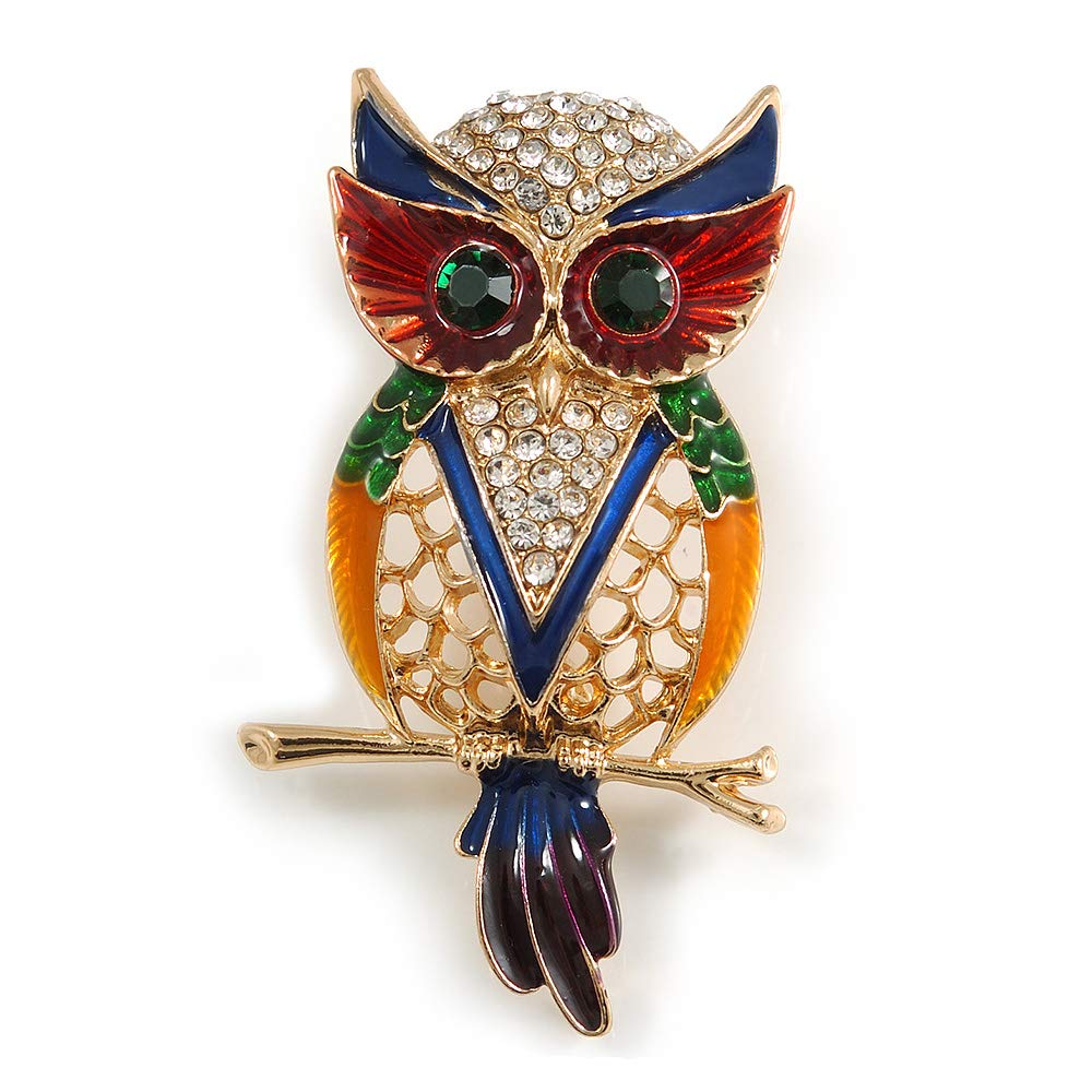 Multicoloured Crystal Owl Brooch In Gold Tone Metal - 50mm Long