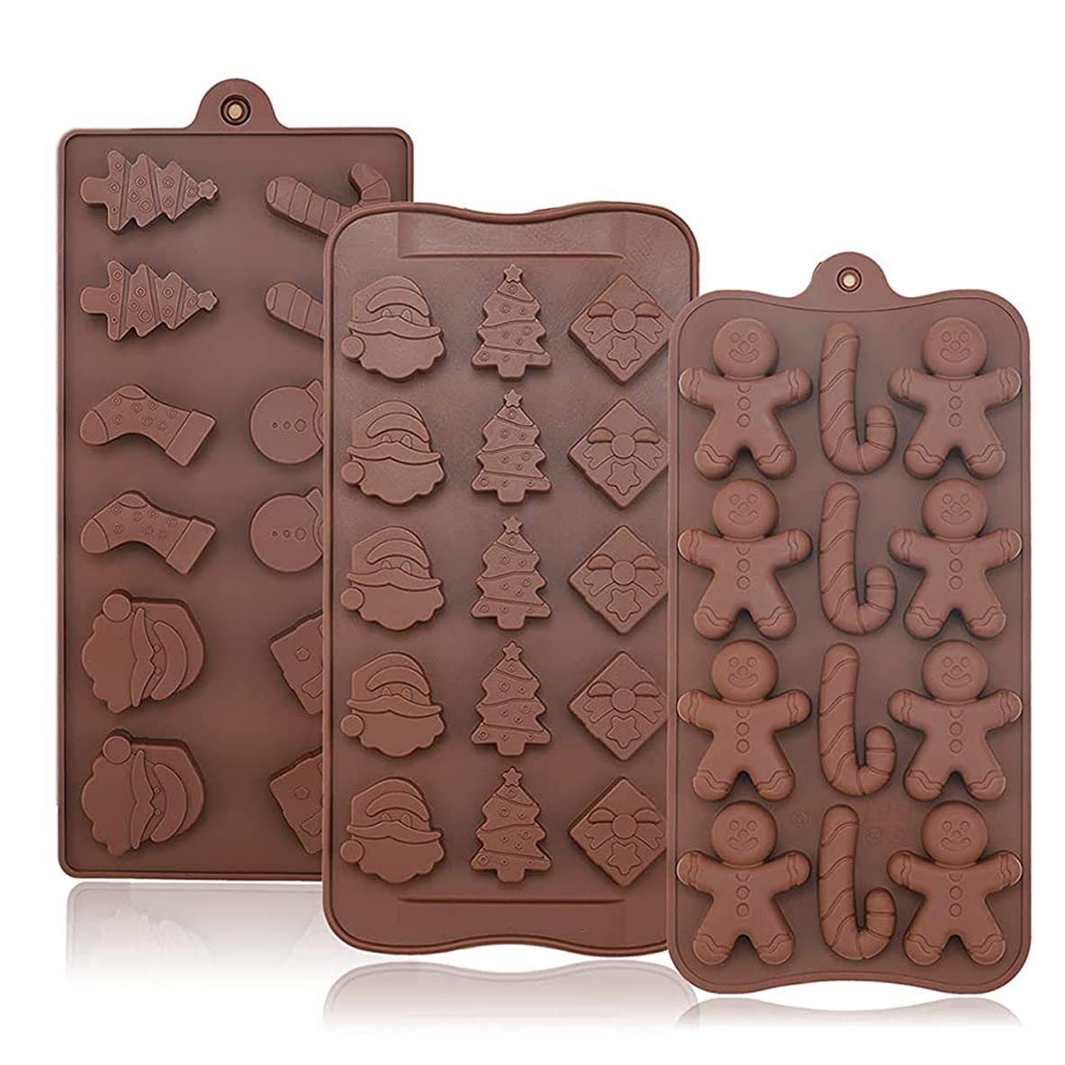 Christmas Silicone Chocolate Molds, BREEZO 3PCS Candy Jelly Baking Molds Gummy Bread Mold Trays with Christmas Themed Shapes for Chocolate Cake DIY
