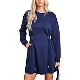 Dokotoo Women's Drawstrings Waistband Long Sleeves Crew Neck Sweatshirt Casual Mini Dress