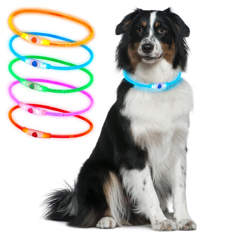 Ultra Blue Silicone 70cm LED Light Up Dog Collar Cut to Size Rechargeable 3 Settings Large Dogs Medium Dogs Small Dogs Puppies Cats Flashing Dog Collar Lights for Night Safety USB Charging Collars