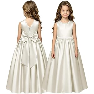 QGFQP Satin Flower Girl Dress for Wedding Pearl Line Pageant Dress with Bow | Quinceanera Dresses for Kids, A Line, Pleated S