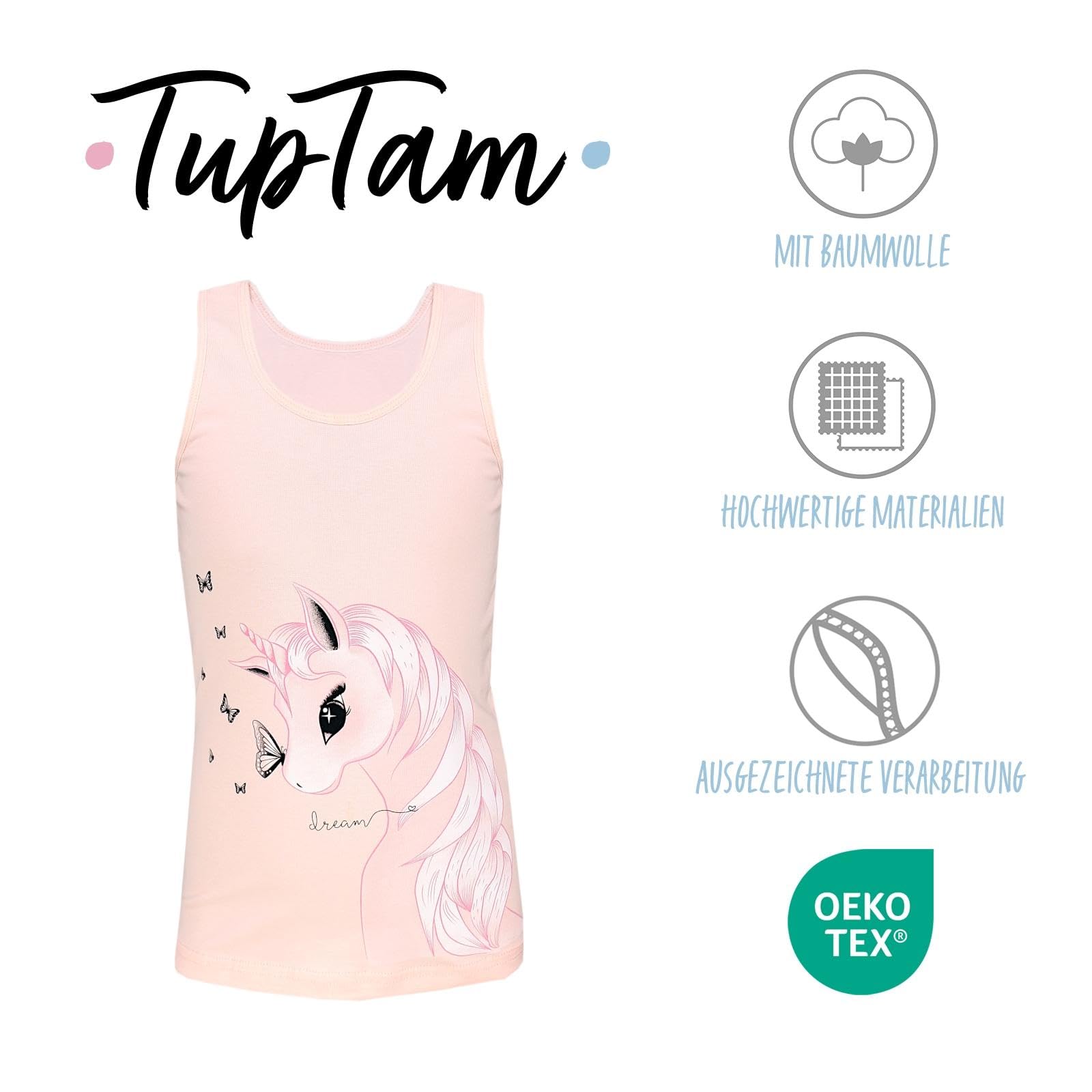 TupTam Unterhemden Mädchen Baumwoll Unterhemd 5er Pack Tank Top Ärmellos Kinder, Farbe: Einhorn Schmetterlinge Rosa Grau Gelb, Größe: 122-128 3