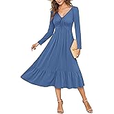 AUSELILY Women's Empire Waist Dress Long Sleeve V Neck Drawstring Long Flowy A-line Midi Casual Fall Dresses 2025