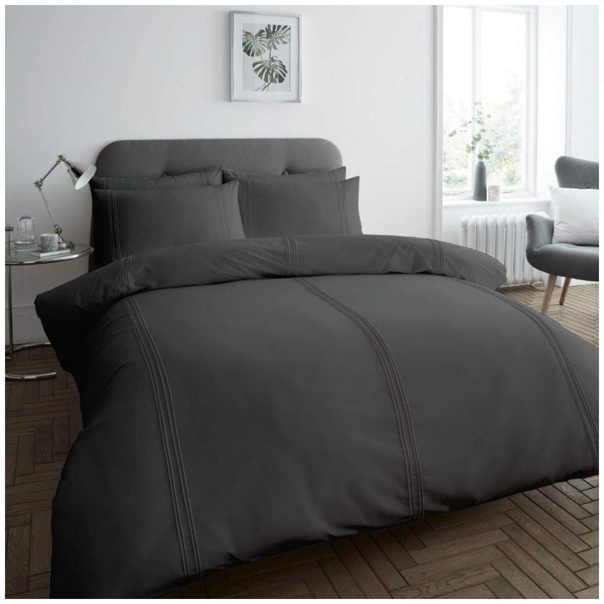 GC GAVENO CAVAILIA Luxury Duvet Set Plain Dyed Pleated Quilt Cover Bedding, Polyester, 50% Cotton, Charcoal, Double