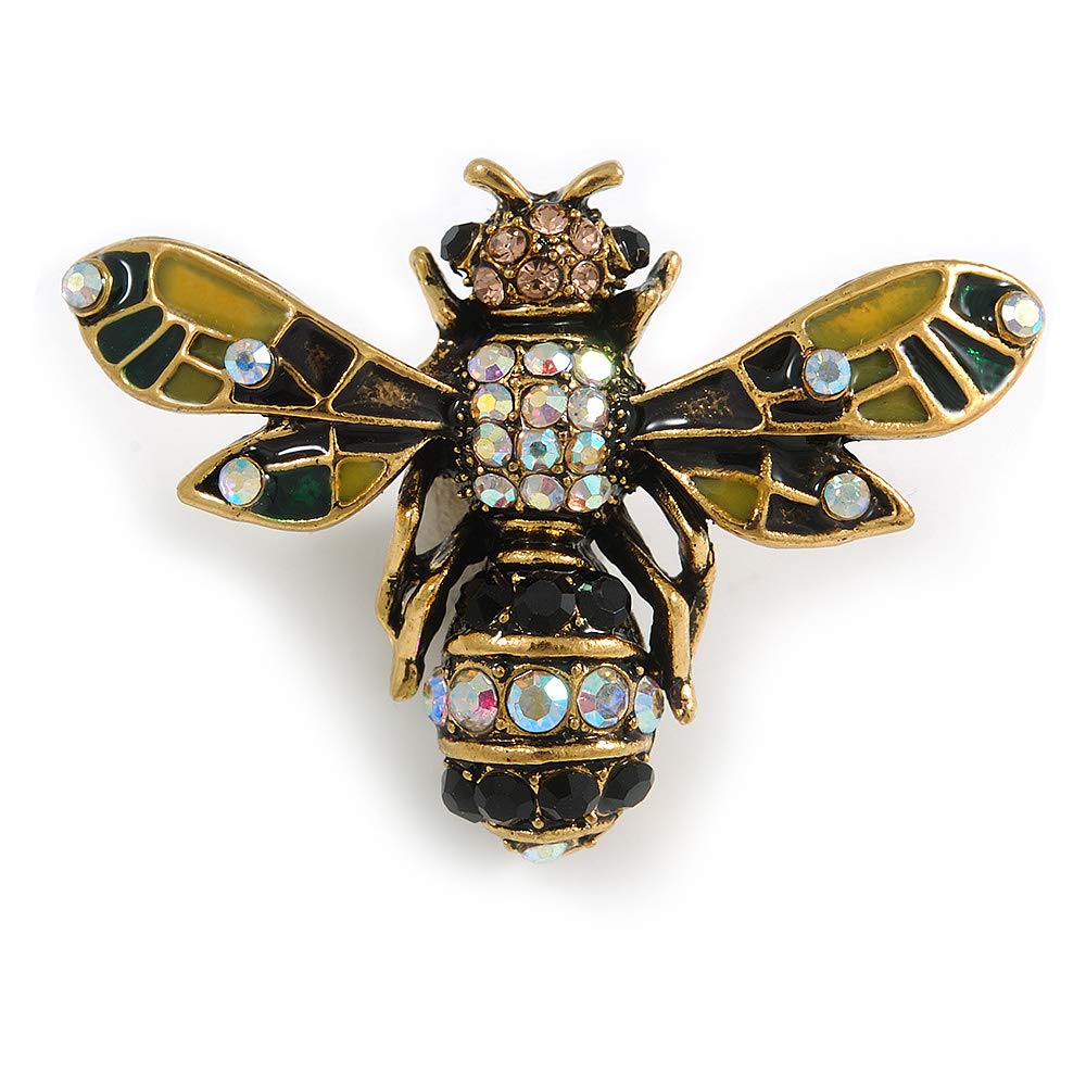 Avalaya Vintage Inspired Crystal, Enamel Bee Brooch in Gold Tone - 43mm Across