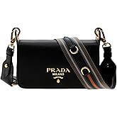 Prada Milano Small Leather Crossbody Bag, Black with Web Strap, 8 x 5 x 2 inches