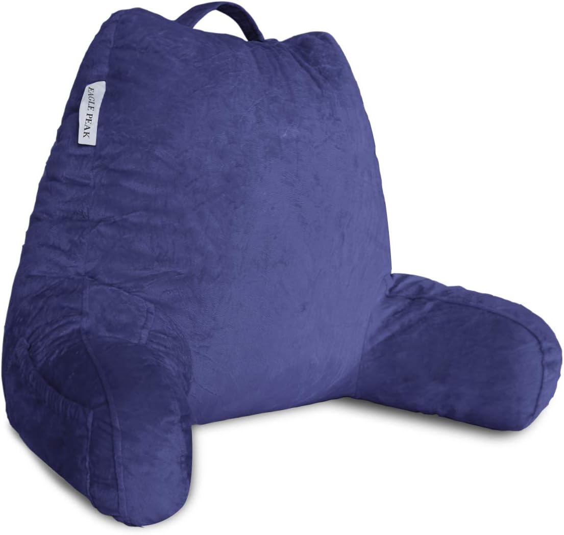 EAGLE PEAK Medium Shredded Memory Foam Reading Pillow, Bed Rest Pillow with Arms and Pockets, Removable Cover, Back Support Cushion for Adults, Teens While Reading, Watching TV, Relaxing (Navy Blue): Home & Kitchen