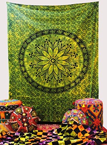 The Indian Craft Bohemian Floral Mandala Tapestry - Twin Boho Elephant Wall Hanging Medallion Printed Bedspread Sheet Decorative Hippie Flower Tapestries - Green - 84 X 54 Inches