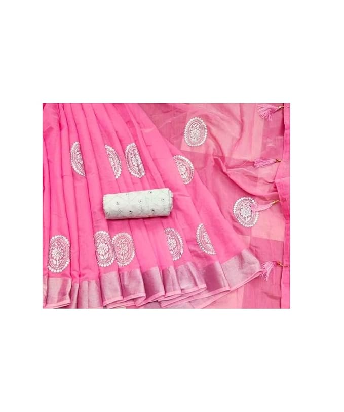 World Women's Cotton Blend and Linen Saree with Blouse | Pink