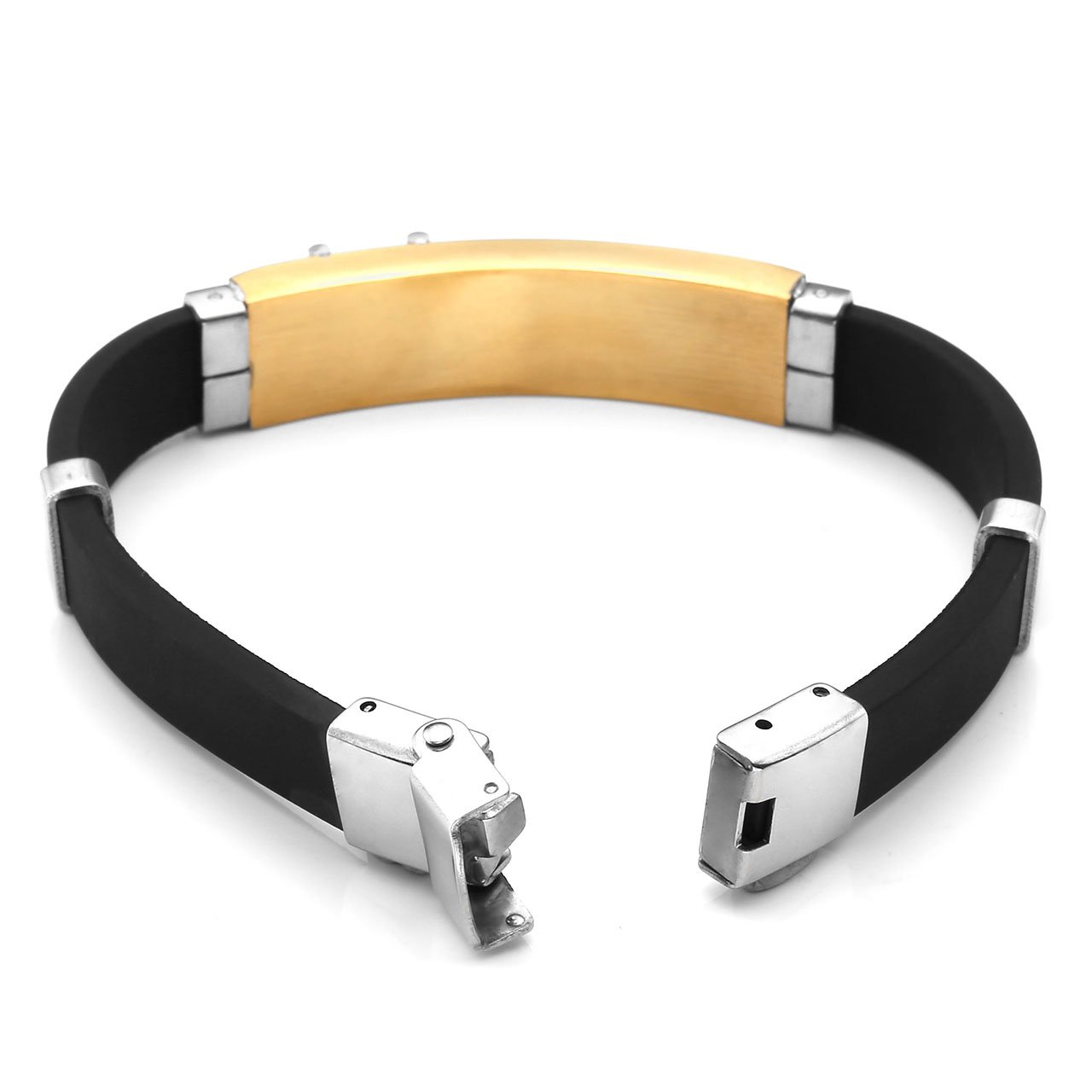 PiercingJ Paare Armband Set 2x Edelstahl Zirkon Gummi Kautschuk Klassische Armband Armreifen Manschette für Herren Damen Punk Biker mit 1x Geschenk-box, silber/gold/schwarz