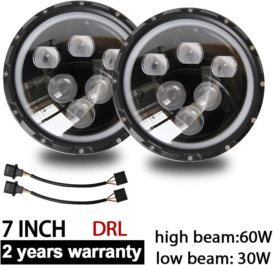 CO LIGHT Pair LED Headlights for Jeep Wrangler 7'' inch round Hign Low Beam with Halo DRL for JK TJ LJ Motorcycle with H4 H13 Adapter