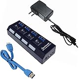 Ciway 4 Port USB 3.0 Hub with Power Adapter and Independent Switches LED Indicator Light USB Hub (Black)