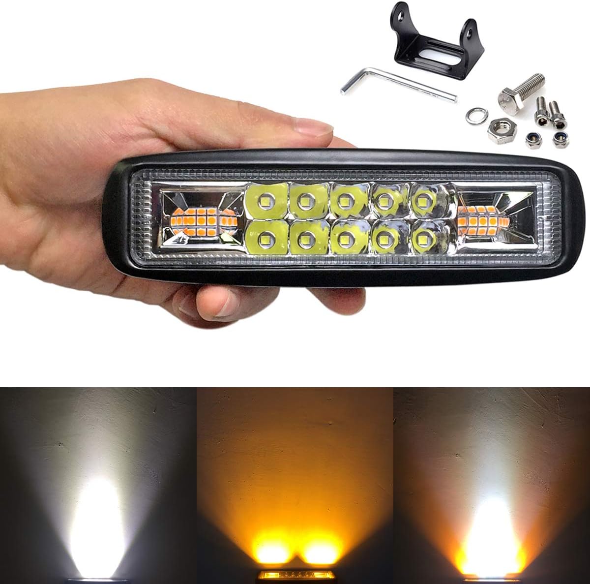 6 Inch Flood LED Work Light Pods Dual Color Single Row Warning LED Driving Lamp Waterproof for 4x4 Offroad Truck Car ATV SUV Boat Strobe LED Work Lights White & Amber Light Bar 1Pcs