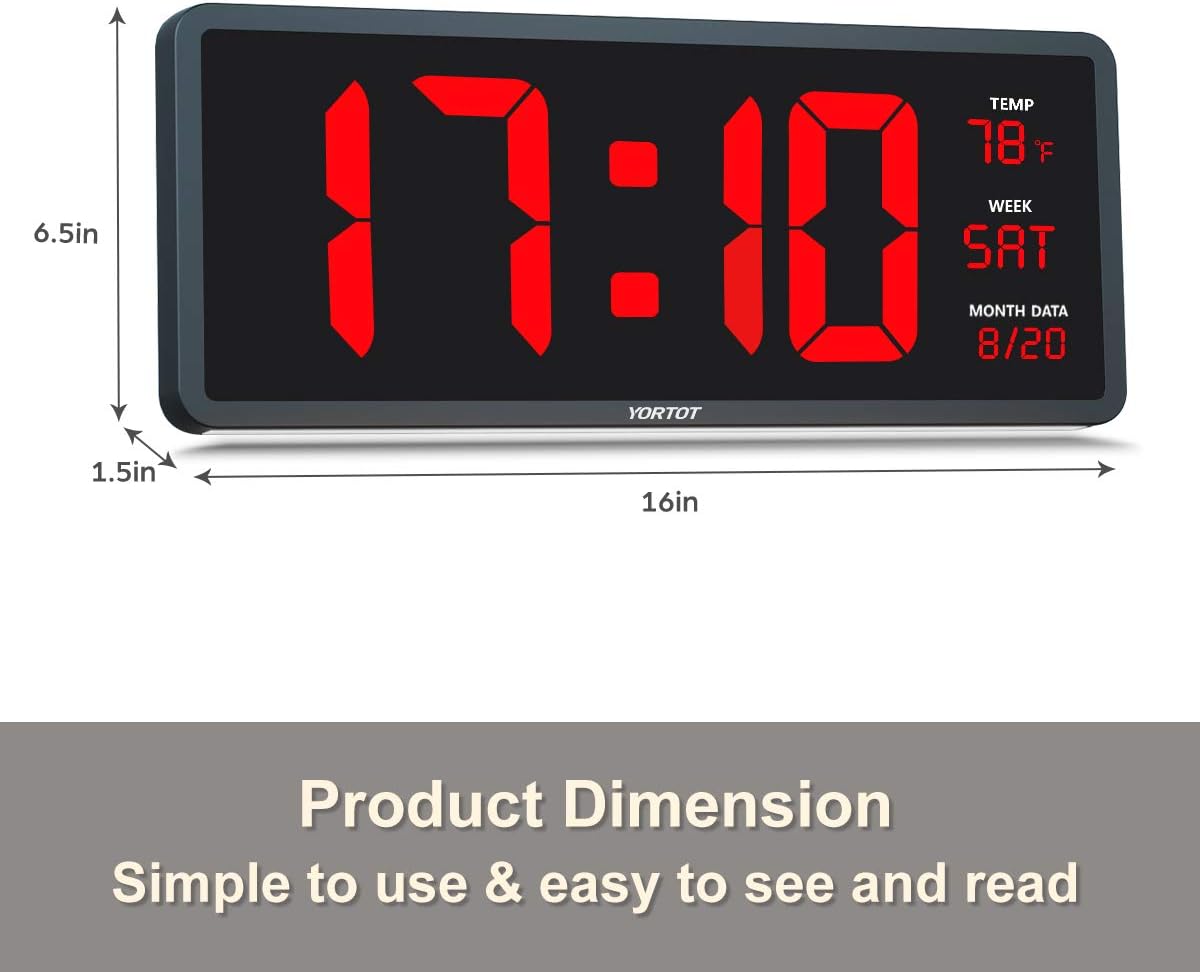 YORTOT 16” Large Digital Wall Clock with 7 Color Decor Night Light, 4 Level Brightness Dimmer, Remote Control, Big Red Number LED Display with Indoor Temperature, Date and 12/24H, DST, Fold Out Stand: Electronics