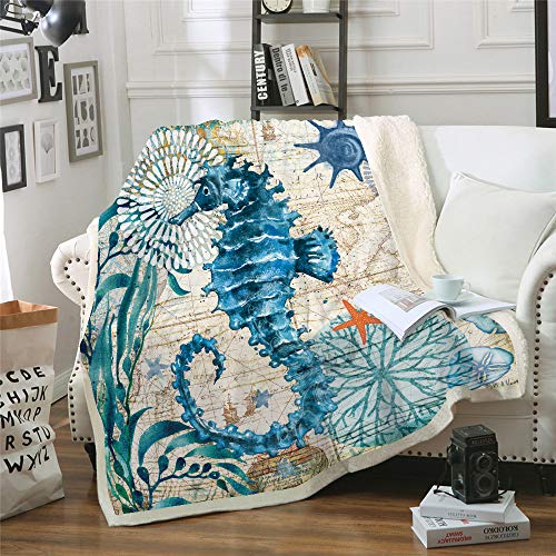 Qucover 3D Print Sea Horse Coral Velvet Throw Blankets Throws Bed Sheet with Sherpa Lining for All Season 59x79 Inch