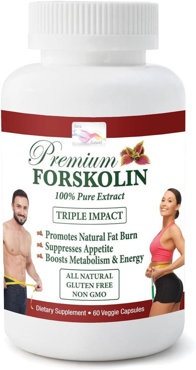 Aura Naturel Pure Forskolin - Max Strength Appetite Suppressant – Coleus Forskohlii Root Extract - Natural Weight Loss Pill - Carb & Fat Blocker - Fat Burn - Metabolism Booster – 250mg – 60 Capsules
