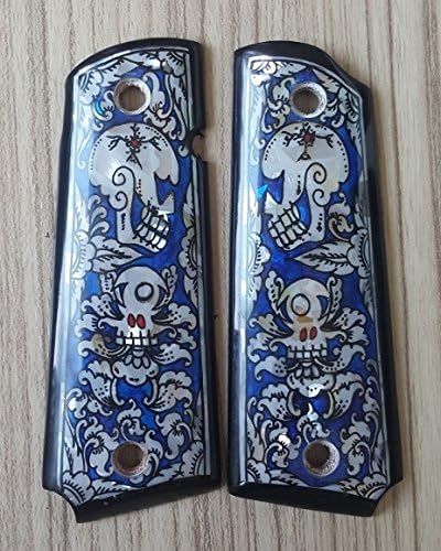 Mother of pearl inlay colt 1911 1991 skull blue grips grip Wood Handmade Thai painting gun grip handgun
