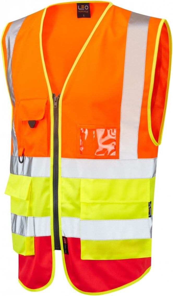 Leo Workwear Lynton Multiple Colour Hi-Vis Class 2 Multi-pocket Superior Waistcoat, XXL, Orange-Yellow-Red