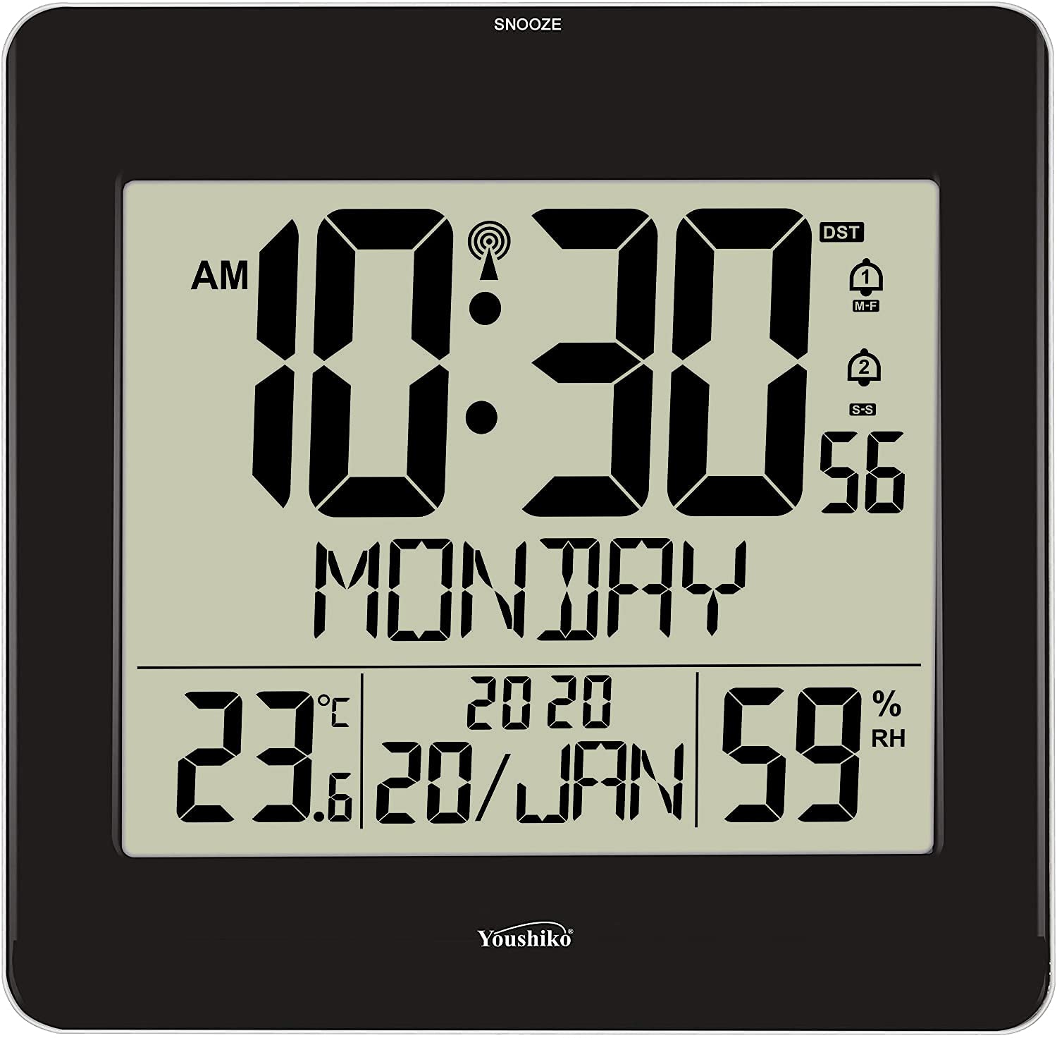 Youshiko Large Digital Wall Clock – Silent Radio Controlled MSF Clock (UK & Ireland Version/Premium Quality/Clear Display) with Indoor Temperature & Humidity, Home, Office, Kitchen