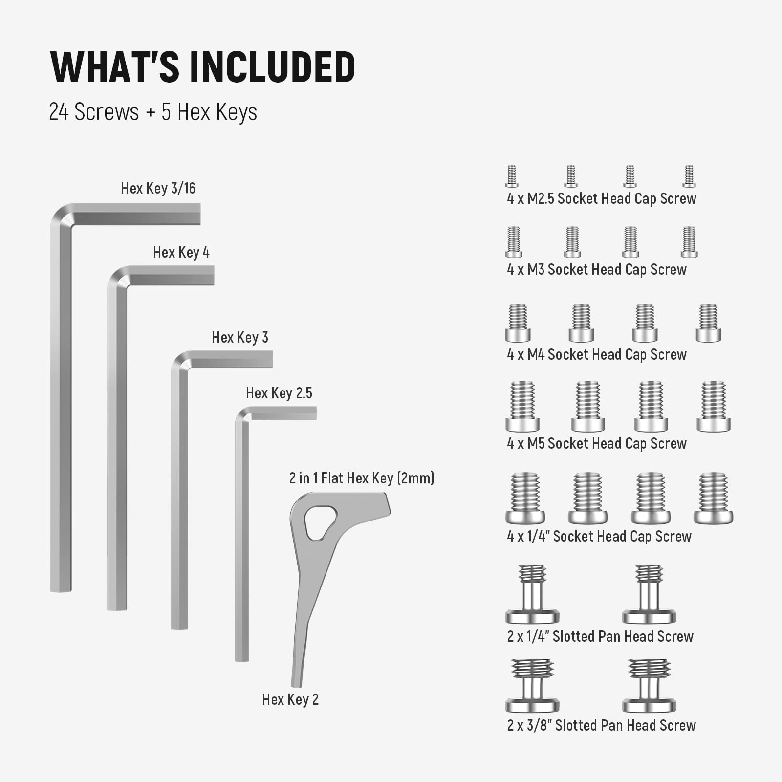 NEEWER Screws and Hex Keys Storage Plate Kit, 5 Hex Keys & 24 Stainless Steel Screws: 3/8