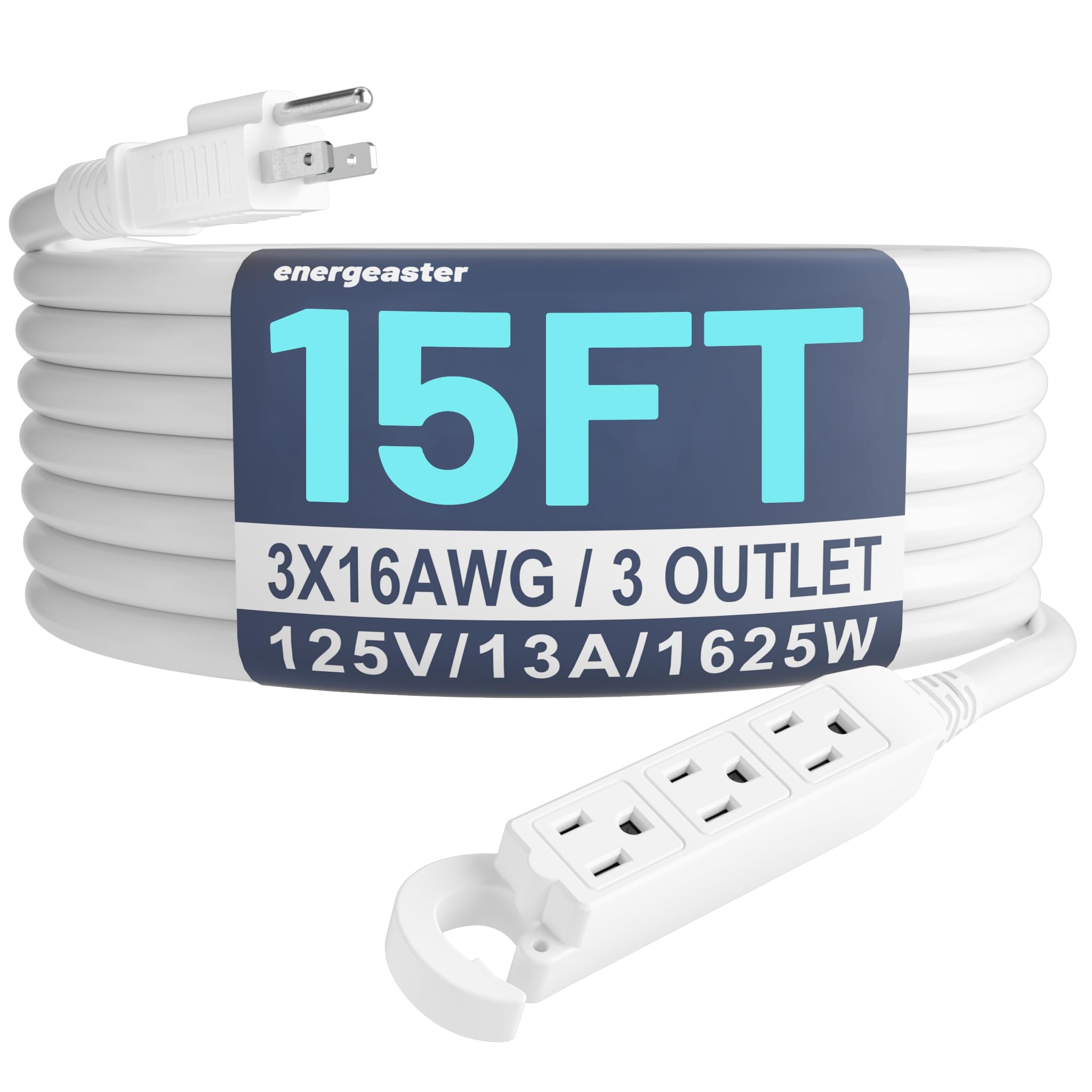 Photo 1 of 16/3 15 Ft 3 Outlet Extension Cord Outdoor Waterproof, White Extension Cords with Multiple Outlets, 3 Prong with Multi Outlet Outside 13A 1625W 16AWG, ETL Listed